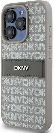 Carcasă din piele PU DKNY cu model repetitiv și dungi tonale pentru iPhone 15 Pro, bej