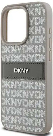 Carcasă din piele PU DKNY cu model repetitiv și dungi tonale pentru iPhone 15 Pro, bej