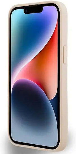 Husă din piele cu dungi mono și logo metalic pe spate din piele ecologică / piele roz (iPhone 14)