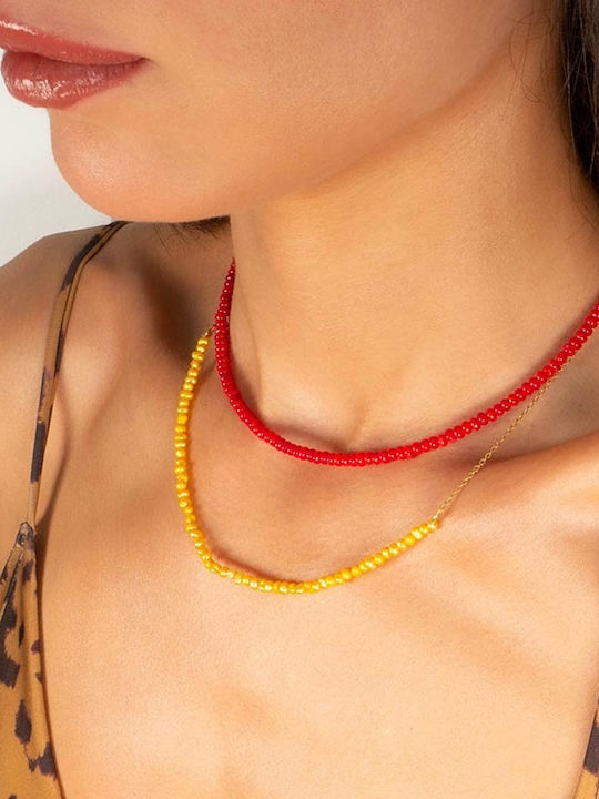 Gold Stainless Steel Necklace Yellow Natural Small Pearls 38cm + 5cm Extension