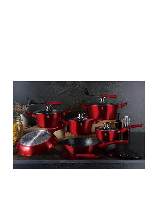 Berlinger Haus Metallic Line Cookware Set of Aluminum with Stone Coating Burgundy Collection 15pcs