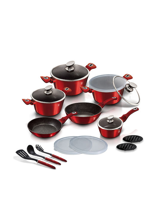 Berlinger Haus Metallic Line Kochgeschirr-Set aus Aluminiumguss Burgundy Collection mit Innenbeschichtung aus Stein 6 Teile