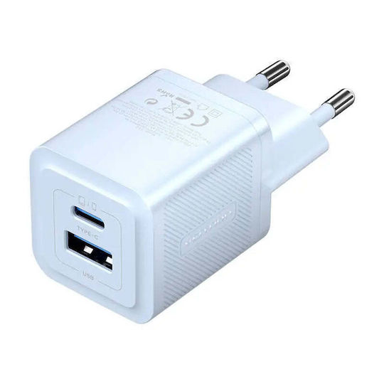 Vention Charger Without Cable GaN with USB-A Port and USB-C Port 30W Power Delivery / Quick Charge 3.0 Blue (FEQL0-EU)
