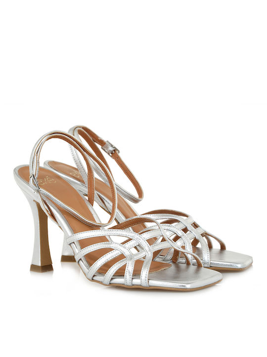 Exe Leather Women's Sandals Silver with High Heel