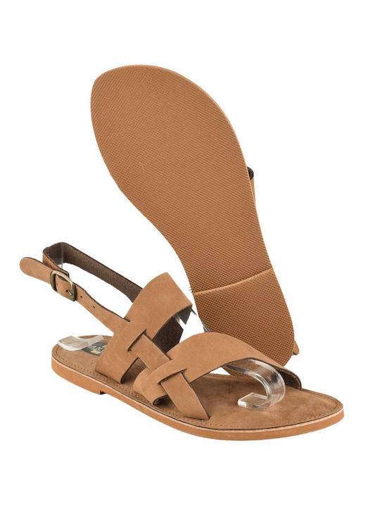 Yfantidis Leather Women's Flat Sandals in Tabac Brown Color