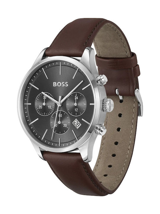 Boss Ανδρικό Ρολόι 50mm Χρονογράφος Μπαταρίας με Καφέ Δερμάτινο Λουράκι
