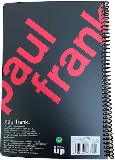 Caiet cu spirală Bmu Paul Frank B5 17x25 2-subiecte 70 foi Logo Boys-party Fever 346-87402 Paul Frank