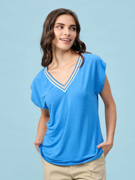 Passager Women's Blouse Short Sleeve with V Neckline Striped Ciell