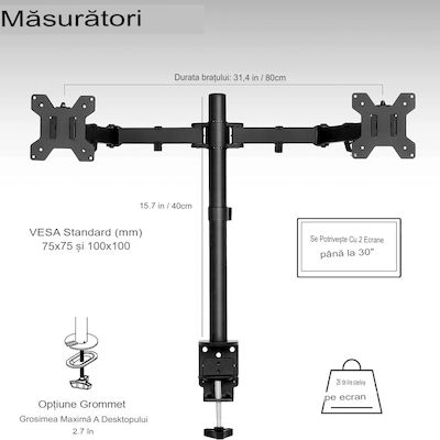 SANWEI LS001 M17 Stand Desk Mounted for 2 Monitors up to 32" with Arm