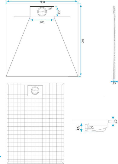 Rea Pătrată Duș din piatră artificială 90x90cm Gri