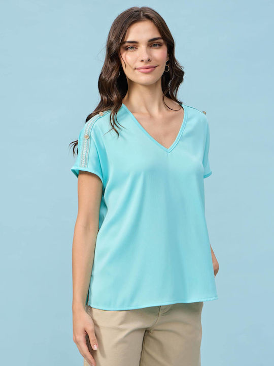 Passager Damen Bluse Satin mit V-Ausschnitt Turquoise