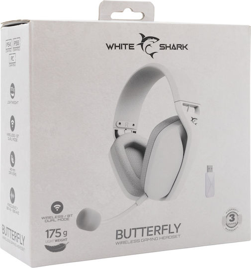 White Shark Butterfly Wireless Over Ear Gaming Headset with Bluetooth / USB Connectivity White for PC / PS4 / PS5