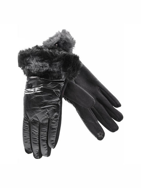 Damen Vinyl Handschuhe mit Pelz Schwarz