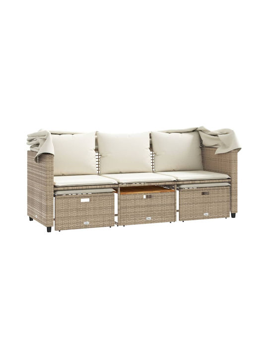 Dreifach Garten- und Pool-Liegestuhl Rattan mit Kissen & Sonnenschutz Beige mit Tisch