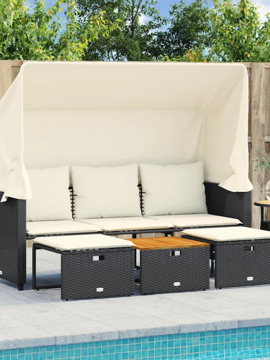 Ξαπλώστρα Τριπλή Rattan με Μαξιλάρι & Σκίαστρο Μαύρη με Τραπεζάκι