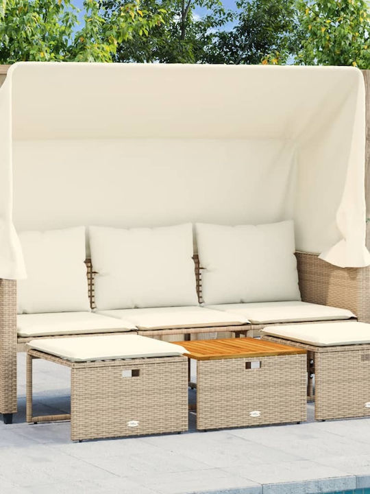 Dreifach Garten- und Pool-Liegestuhl Rattan mit Kissen & Sonnenschutz Beige mit Tisch