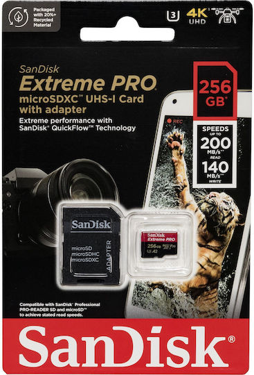 Sandisk Extreme PRO microSDXC 256GB U3 V30 A2 UHS-I 200MB/s με αντάπτορα