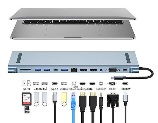Powertech BYL-2003U2 USB-C Docking Station with HDMI 4K PD Ethernet Gray