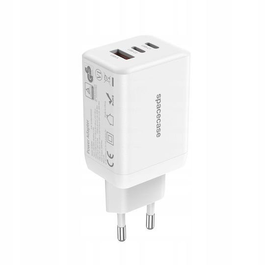 Spacecase Charger Without Cable GaN with USB-A Port and 2 USB-C Ports 65W Power Delivery / Quick Charge 3.0 Whites (121976)
