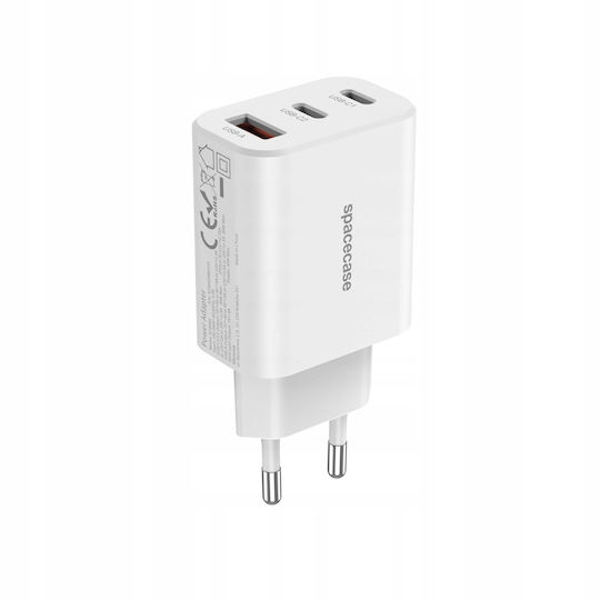 Spacecase Ladegerät ohne Kabel mit 2 USB-A Anschlüsse und USB-C Anschluss 30W Stromlieferung / Schnellaufladung 3.0 Weißs (SC004W)