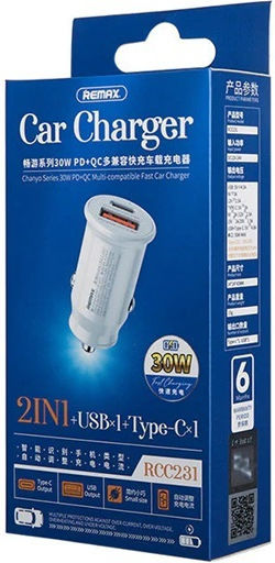 Remax Rcc-231 Auto-Ladegerät 30W 5A mit Anschlüssen: 1xUSB 1xType-C Weiß Farbe