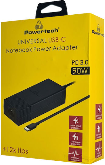 Powertech USB-C Φορτιστής Laptop 90W 20V 1.5A για HP / Acer / Dell / Lenovo / IBM / Sony με Αποσπώμενο Καλώδιο Τροφοδοσίας και με σετ βυσμάτων