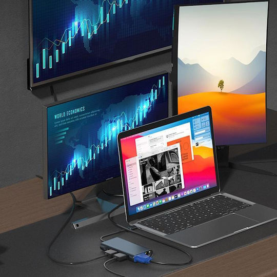 Powertech BYL-2311 USB-C Docking Station with HDMI 4K PD Ethernet and Support for 2 Monitors Gray