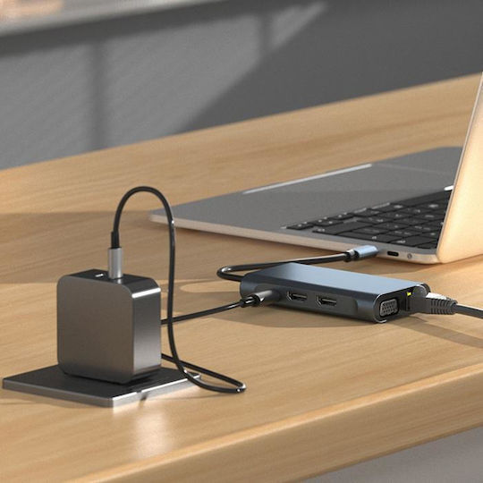 Powertech BYL-2311 USB-C Docking Station with HDMI 4K PD Ethernet and Support for 2 Monitors Gray