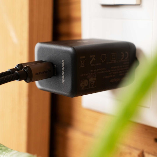 Spacecase Ladegerät ohne Kabel GaN mit 2 USB-A Anschlüsse 45W Stromlieferung / Schnellaufladung 3.0 Schwarzs (SC006B)