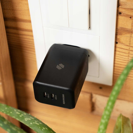 Spacecase Ladegerät ohne Kabel GaN mit 2 USB-A Anschlüsse 45W Stromlieferung / Schnellaufladung 3.0 Schwarzs (SC006B)