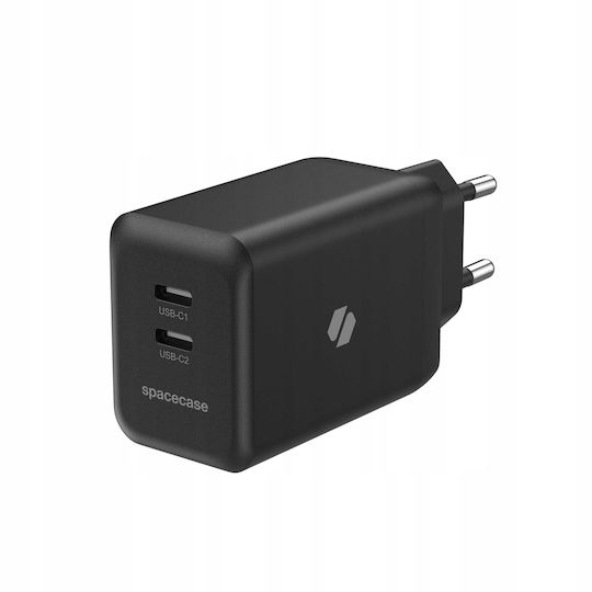 Spacecase Ladegerät ohne Kabel GaN mit 2 USB-A Anschlüsse 45W Stromlieferung / Schnellaufladung 3.0 Schwarzs (SC006B)