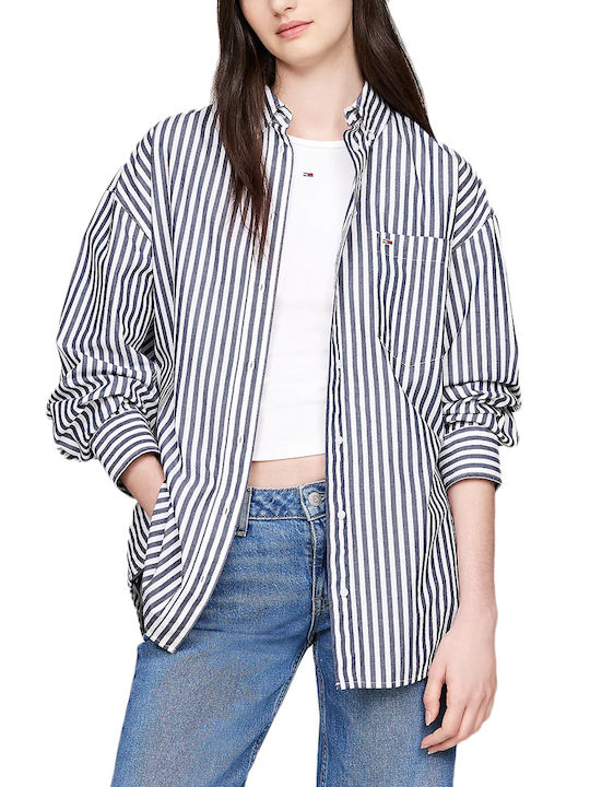 Tommy Hilfiger Women's Denim Striped Long Sleeve Shirt White- Blue