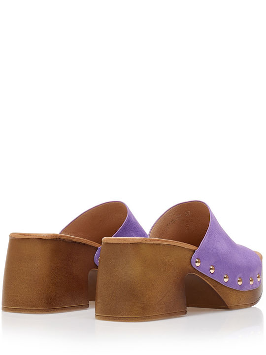 Suede Mules with Chunky High Heel in Purple Color