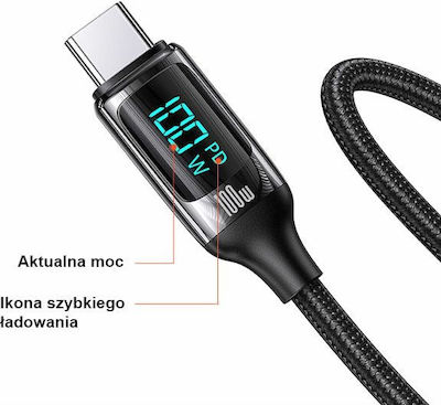 Usams U78 Geflochten / LED USB 3.0 Kabel USB-C männlich - USB-C 100W Schwarz 2m (US-SJ558)