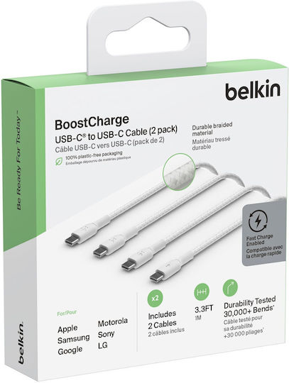 Belkin 2 Pack Braided USB 2.0 Cable USB-C Male - USB-C 60W PD White 1m CAB004BT1MWH2PK 2 Pieces