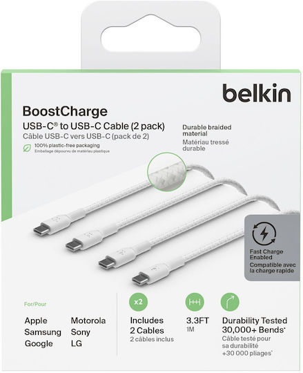 Belkin 2 Pack Braided USB 2.0 Cable USB-C Male - USB-C 60W PD White 1m CAB004BT1MWH2PK 2 Pieces