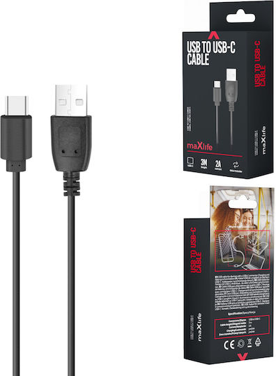 Maxlife USB 2.0 Cable USB-C Male - USB-A Black 3m MAXLIFETYPEC3B