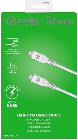 Celly Редовна USB 2.0 Кабел USB-C мъжки - USB-C мъжки 60W Бял 1м (USBCUSBCWH)