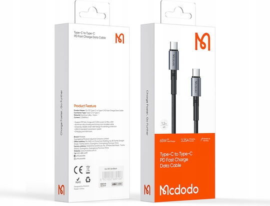 Mcdodo Плетен USB 3.0 Кабел USB-C Мъжки - USB-C 65W Захранване (PD) Черен 1м CA-3130