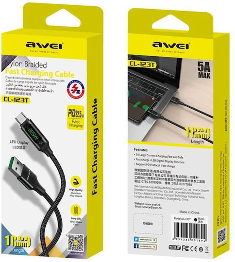 Awei CL-123T LED USB 2.0 Cable USB-C male - USB-A Black 1m (CL-123T)