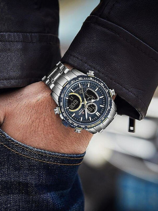 Naviforce Ceas Analogic/Digital Pentru Bărbați 46mm Cronograf Cu Baterie Cu Brățară Din Oțel Inoxidabil Argintie