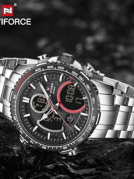 Naviforce Ceas Analogic/Digital Pentru Bărbați 46mm Cronograf Cu Baterie Și Brățară Din Metal Argintie