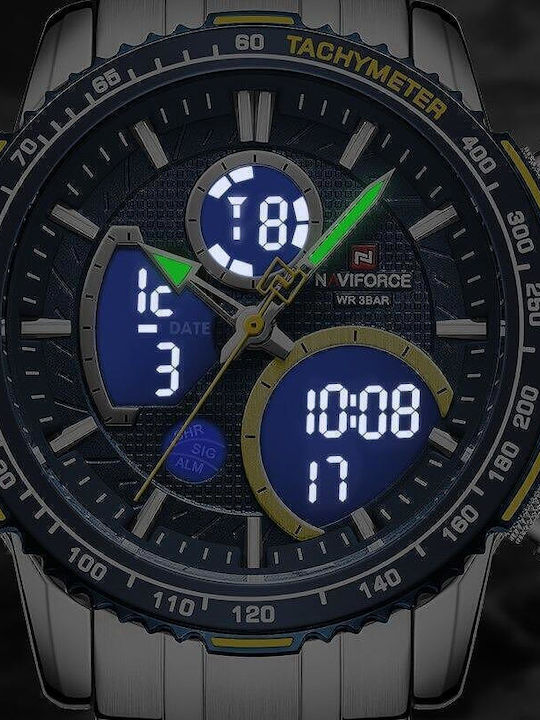 Naviforce Ceas Analogic/Digital Pentru Bărbați 46mm Cronograf Cu Baterie Și Brățară Din Metal Argintie