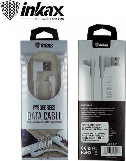 Inkax CK-48 Angle (90°) USB-A to Lightning Cable Λευκό 1m