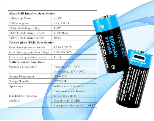 Vapcell Επαναφορτιζόμενη Μπαταρία 16340 800mAh 3.6V 1τμχ