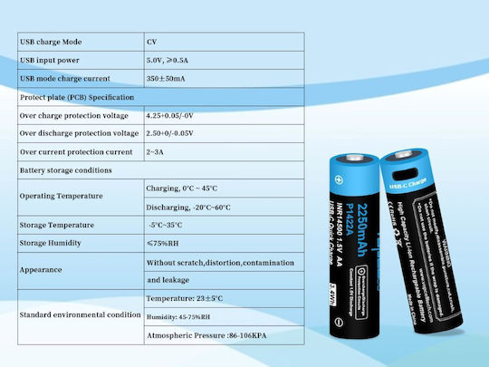 Vapcell Презареждаща батерия 14500 2250mAh 1.5V 1бр