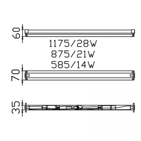 DIL Lighting Batten Double-Ended with 2 Slots for Fluorescent Lamps T5 58.5cm