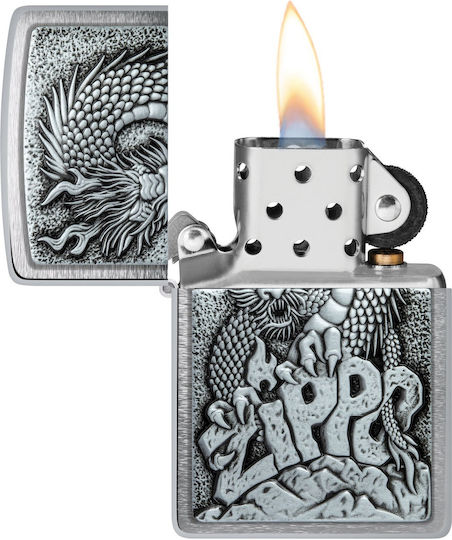 Zippo 48902 Dragon On Logo Design Steel Silver