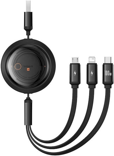 Baseus Free2draw Flat USB to Lightning / Type-C / micro USB Cable Μαύρο 1.1m (P10368700111-03)