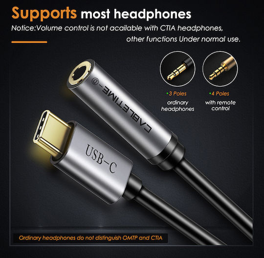 Cabletime Μετατροπέας USB-C male σε 3.5mm female Γκρι 1τμχ